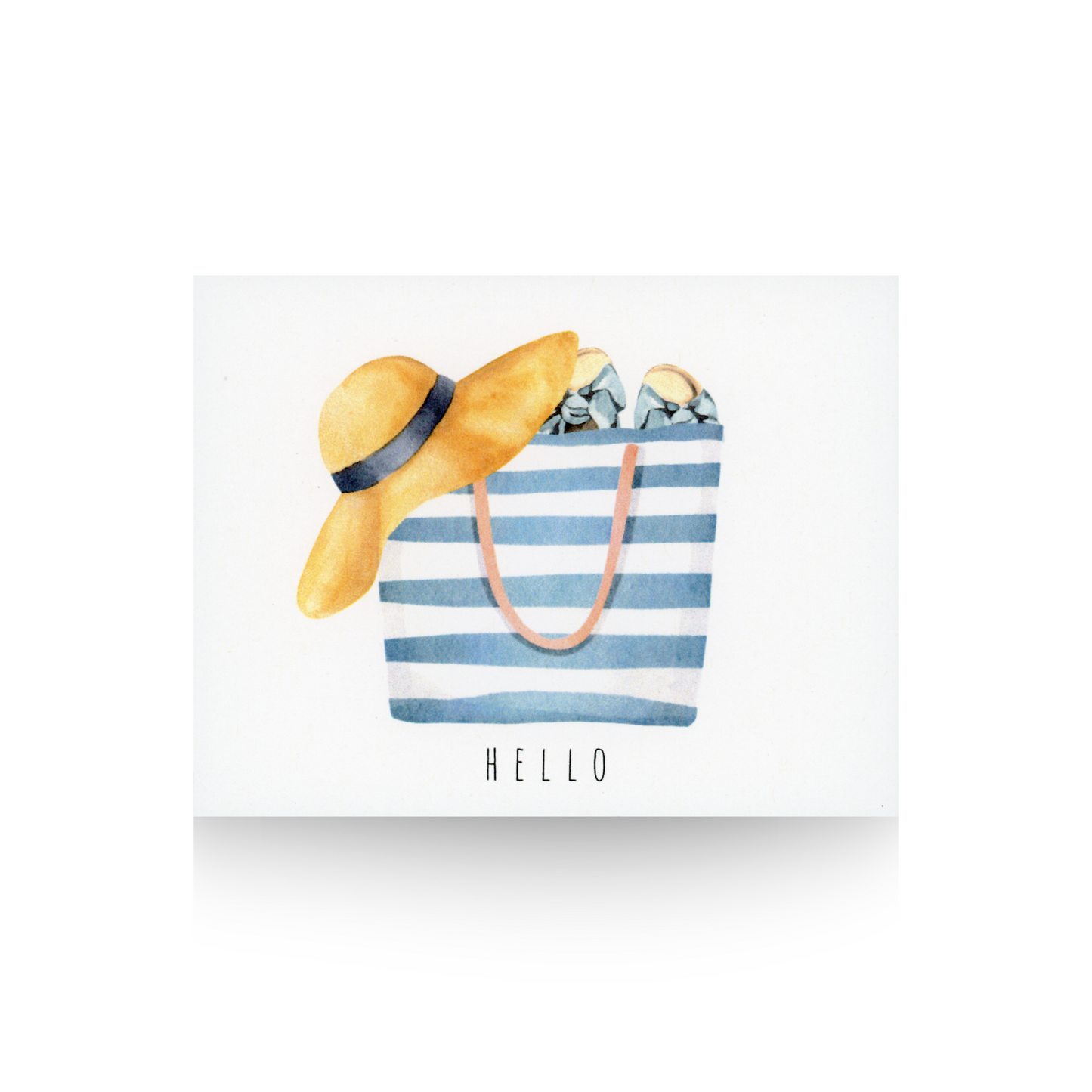 This notecard is printed on white paper and features a blue and white horizontal striped beach bag with sandals sticking out of right side and a beach hat perched on top left hand corner. Below the beach tote is the word HELLO in all caps