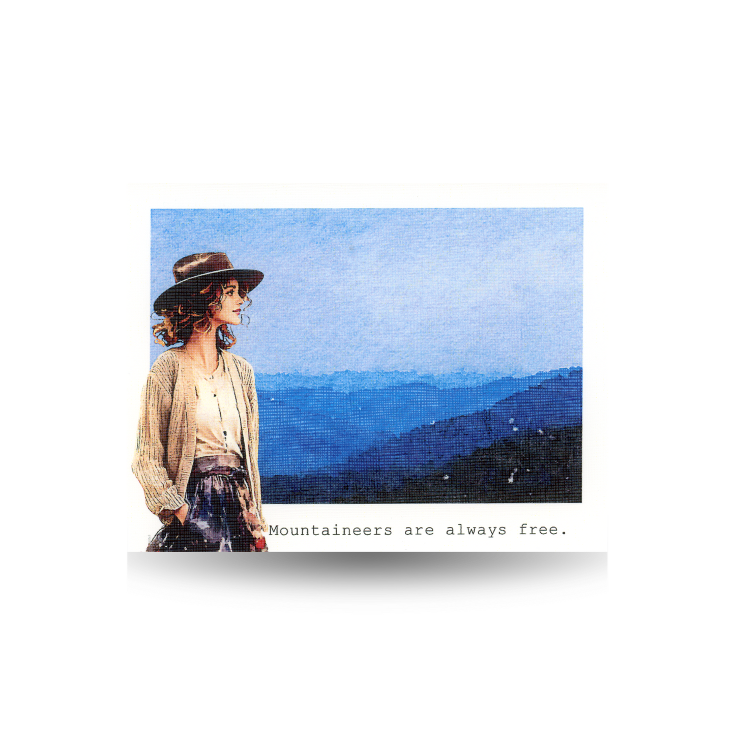 Young woman dressed in a flowered skirt and tan cardigan wearing a hat with a mountainous background in blue watercolor hue with text 'Mountaineers are always free.'