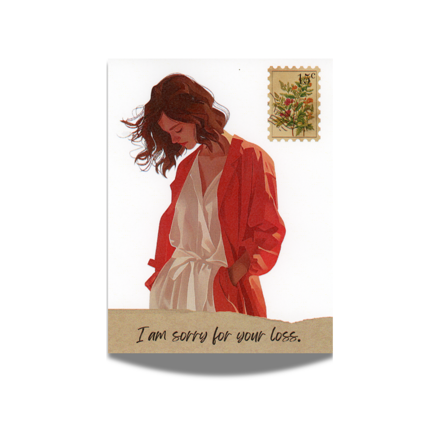 modern woman with head bowed, wearing a tan belted dress and an orange overcoat. There is a vintage tan postage stamp with flowers in top right corner. The base of the card is a torn beige paper with message "I am sorry for your Loss."