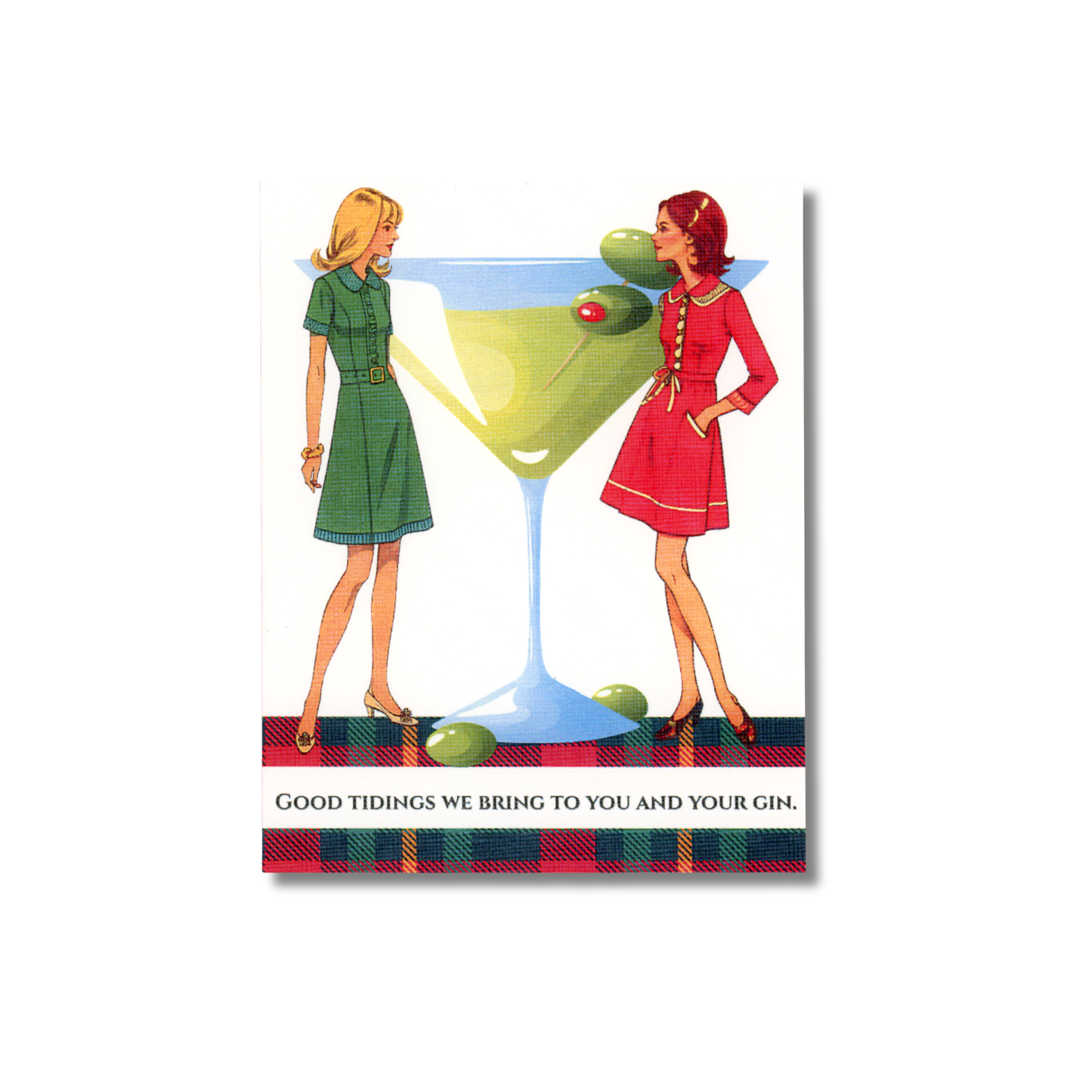 Illustration of two women with a large gin glass, on a white background with greeting "Good tidings we bring to you and your gin."