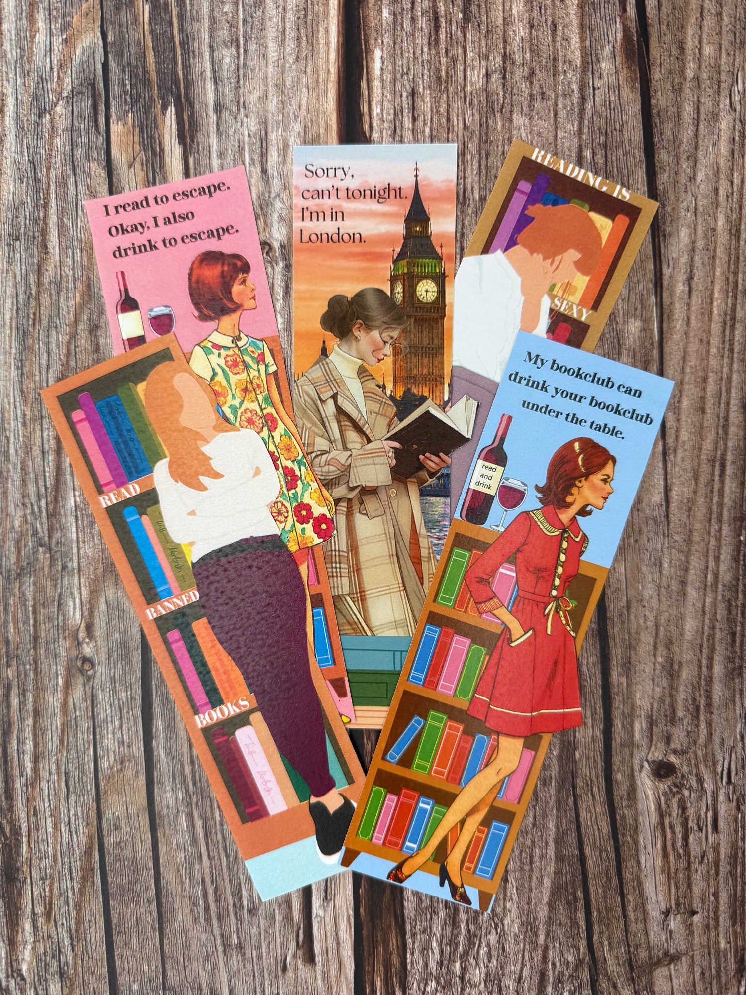 Picture of colorful INNretrospect bookmarks with stylish ladies and fun sayings. 