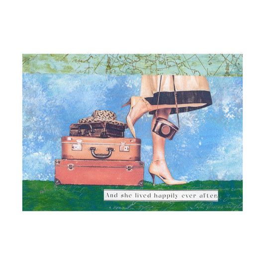 This original flat collage is 5 x 7 inches and features a vintage photo of the bottom half of a woman, who has on a brown dress and tan heeled-shoes, a camera hanging by her, with one foot propped on a stack of two suitcases with a wicker hat on top of the suitcases.  The background is blue sky and a green script paper forms the bottom grass area where the quote is displayed.