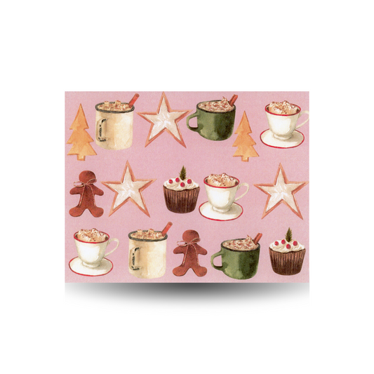 Three rows of Christmas cookies and cups of cocoa are displayed on a pink background