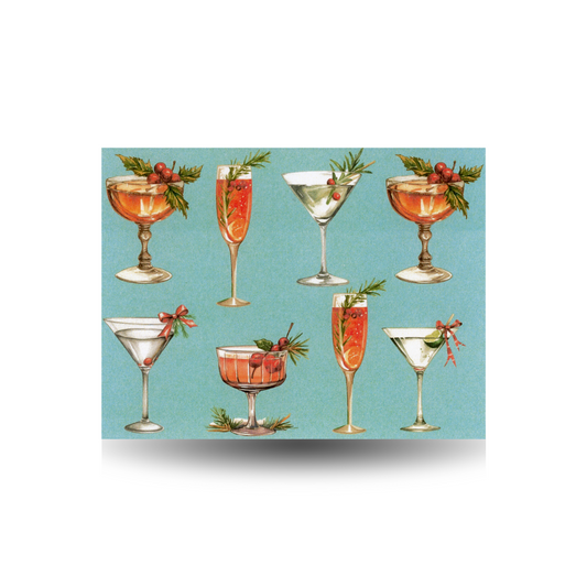 Illustrations of various cocktails with garnishes on a blue background