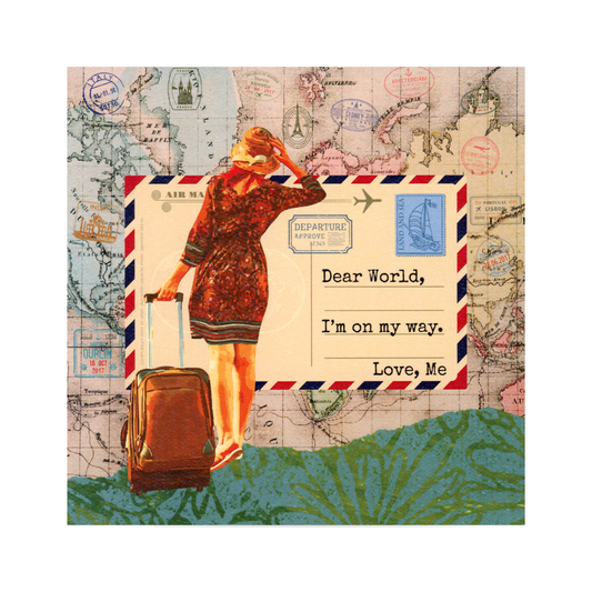 Collage with a woman with a suitcase, vintage postcard, and map background.
