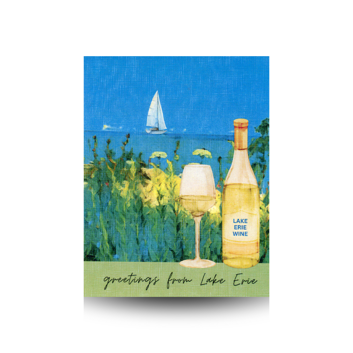 Card with a scenic design of a lake, sailboat, and bottle of Lake Erie wine.