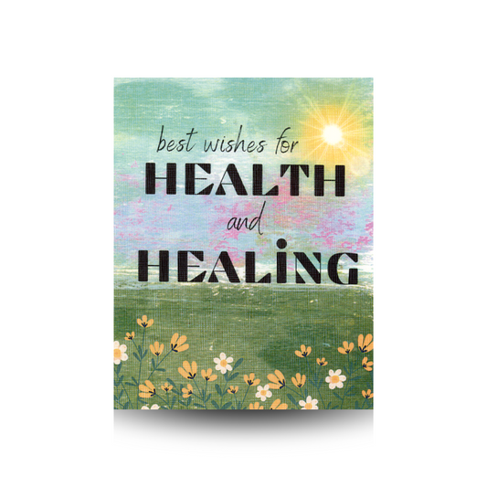 This card features a hand-painted scene of a dark green meadow and a sky with muted tones of blue, green, and mauve.  There are yellow flowers at the bottom of the card.  A bright sun is featured in the top right corner.  The message "best wishes for HEALTH and HEALING" is written in large black font across the sky portion of the card