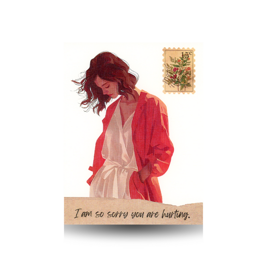 This card features a modern woman with long brown hair, looking down at the ground.  She is wearing a tan dress and orange overcoat and she has her hands in her pockets.  There is a vintage postage stamp in the top right hand corner with a bouquet of flowers.  There is a torn tan paper border at the bottom with the message "I am so sorry you are hurting" in script font.