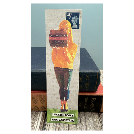 This paper collaged bookmark features a modern young woman in jeans holding a stack of books, with a blue background and green grass beneath her.  There is a UK postage stamp in right corner of Queen Elizabeth.  The quote is on the ground under the girl's feet
