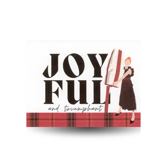 This card features a modern, minimalist woman in a black dress, standing to the side of the message with a stack of presents in her hands.  The message is "JOYFUL and triumphant."  The background is white and the base of the card is a red Christmas plaid