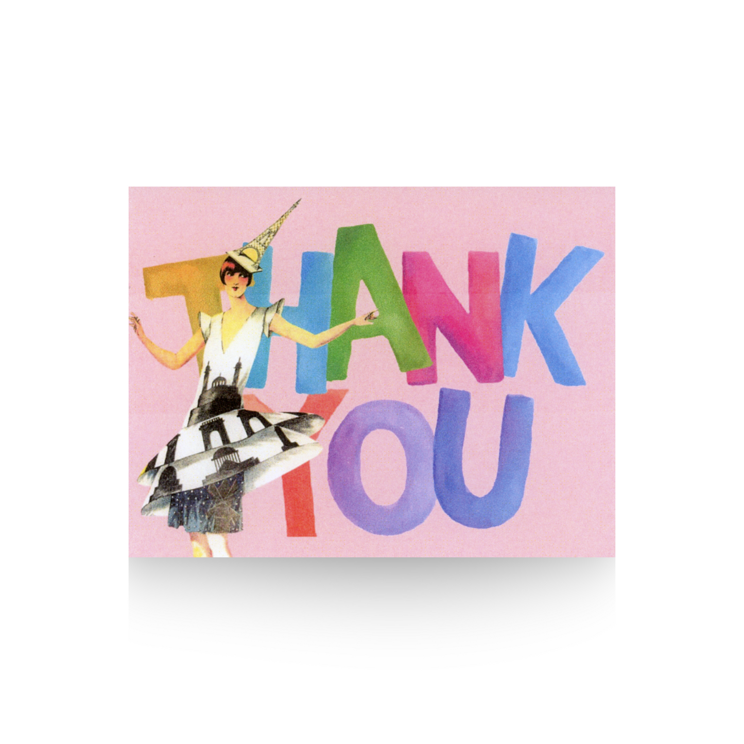 This thank you card features a large THANK YOU in multi-colored letters.  Standing in front is an art deco lady with a Paris-print dress on, wearing an Eiffel Tower hat.  She has short brown hair and her arms are outstretched