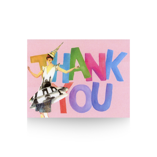 This thank you card features a large THANK YOU in multi-colored letters.  Standing in front is an art deco lady with a Paris-print dress on, wearing an Eiffel Tower hat.  She has short brown hair and her arms are outstretched
