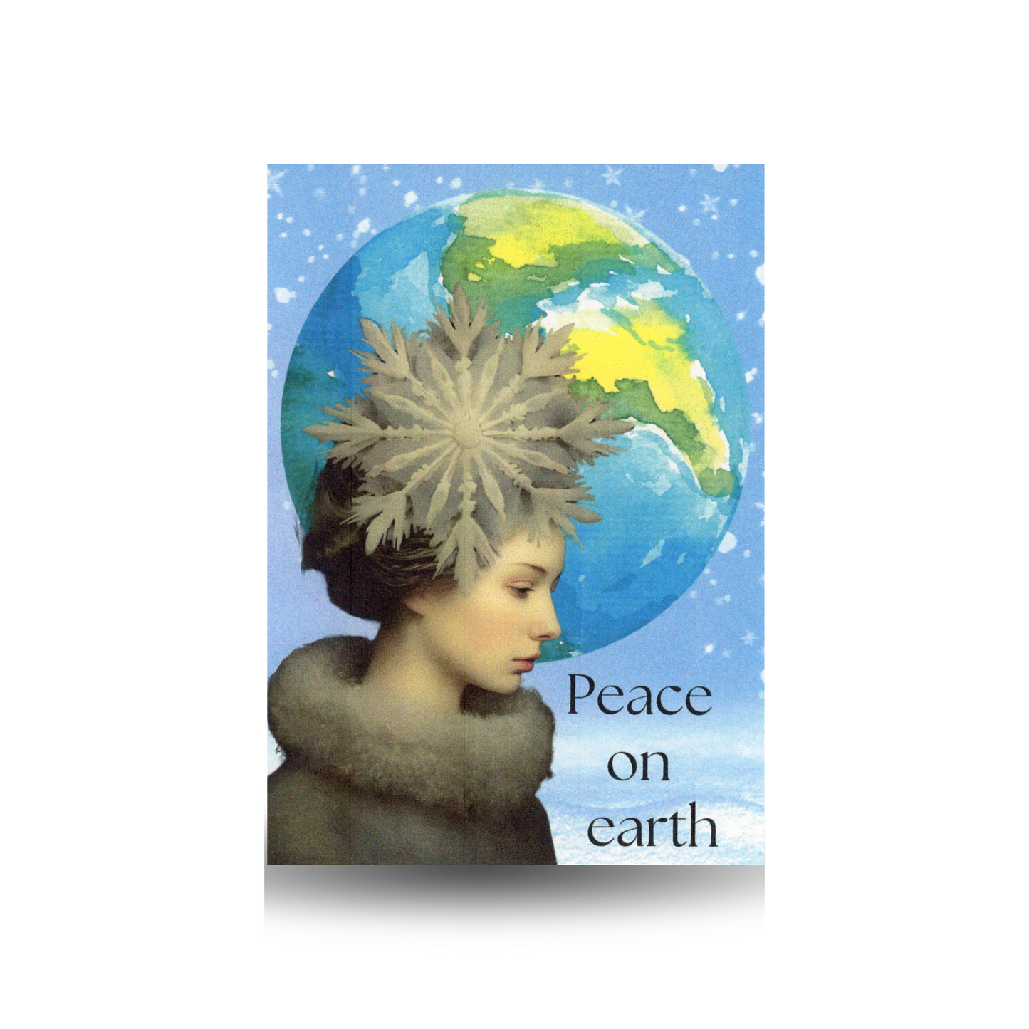 This card features a woman in a tan coat with fur stole and a large icicle in her hair.  Behind her is a large image of the earth, and the sky is blue and full of snowflakes.  The message "Peace on earth" appears on the bottom right side