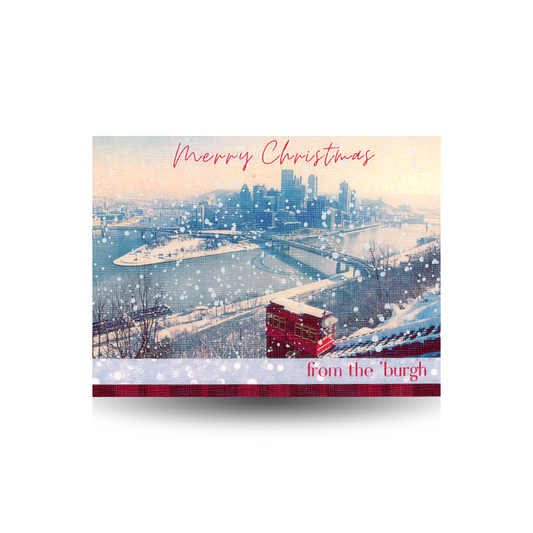 This Christmas card features a snowy scene of Pittsburgh from Mt. Washington, showing the three rivers, downtown, and the incline.