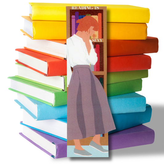 Stack of colorful books with a bookmark in front showing a lady in a purple skirt and white blouse, with the message Reading is Sexy written on bookshelves. 