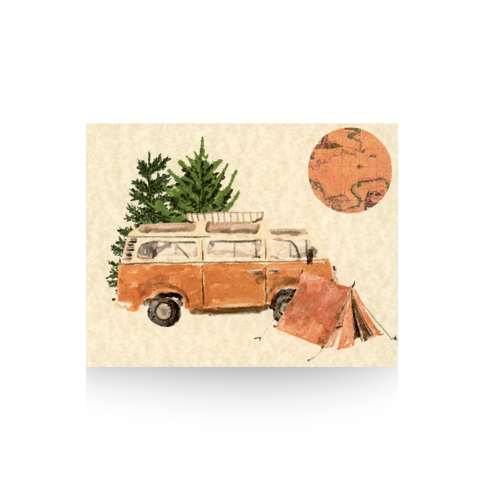 This notecard is printed on tan parchment paper.  It features a tan and white retro-style van with a tent pitched by the right front wheel.  There are large pine trees behind the van and in the top right hand corner is a map circle sun