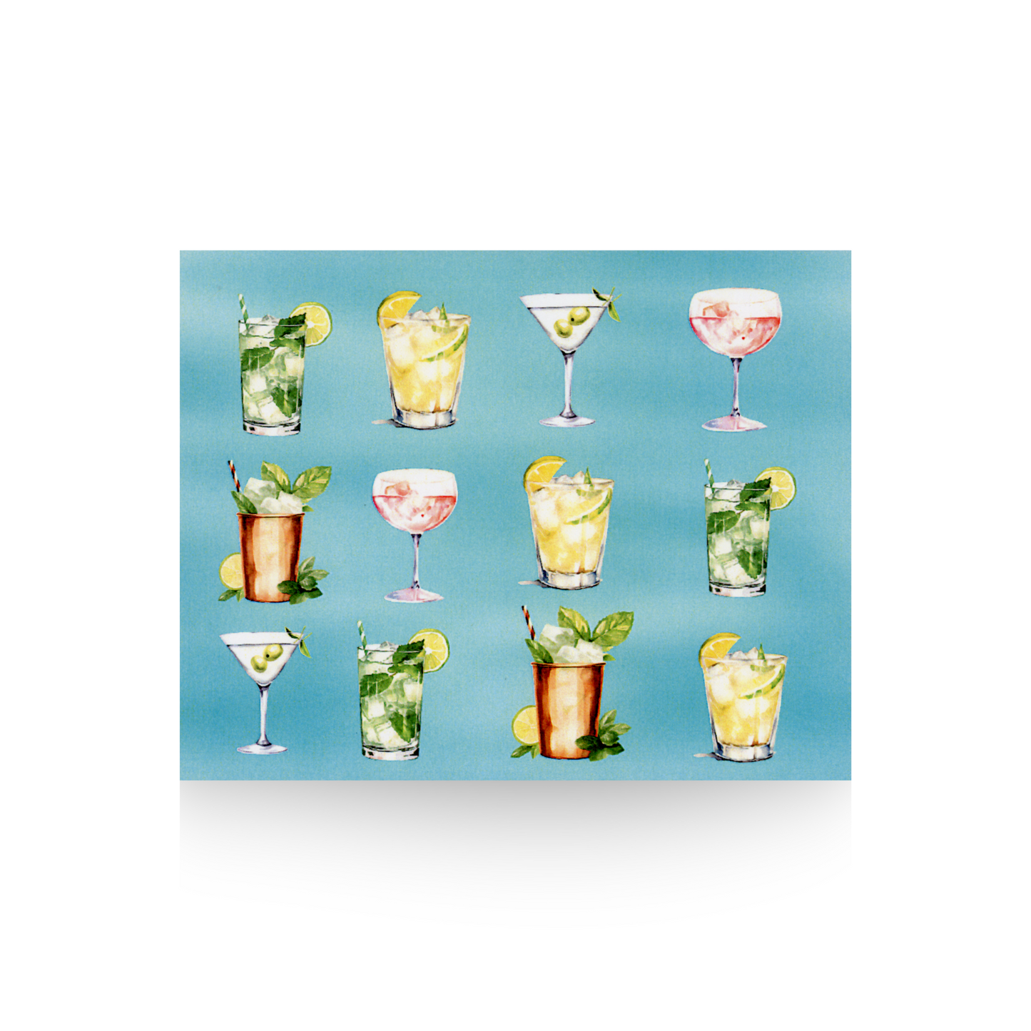 This notecard is printed with an aqua background and features three lines and three rows of summer cocktails, including a Moscow mule, a gin and tonic, a pink wine, a martini, and a yellow lemon cocktail 