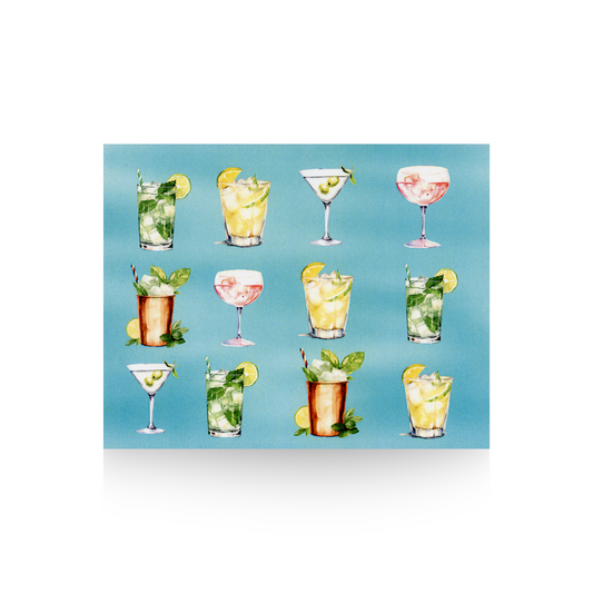 This notecard is printed with an aqua background and features three lines and three rows of summer cocktails, including a Moscow mule, a gin and tonic, a pink wine, a martini, and a yellow lemon cocktail 