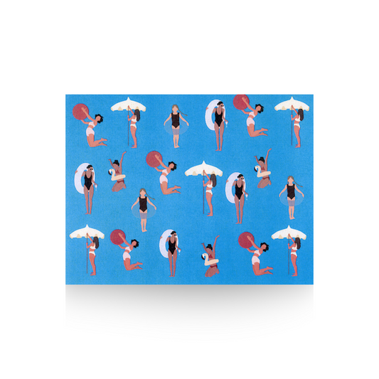 This notecard is printed with a bright blue background upon which the space is filled up of summer people.  There is a woman in a bathing suit putting up an umbrella, a little girl with an inter tube around her waist, a girl with an inter tube jumping, and a girl with a beach ball jumping, and a woman in a black one-piece bathing suit with an inter tube over her shoulder and a drink in her hand