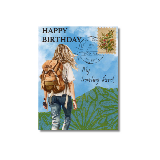 Greeting card with a design of a person with a backpack and 'Happy Birthday' text on a scenic background.