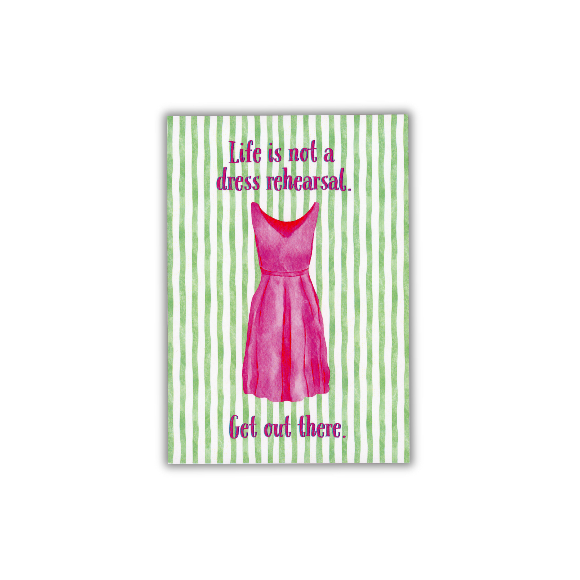 Art print with pink dress illustration and motivational quote on green striped background