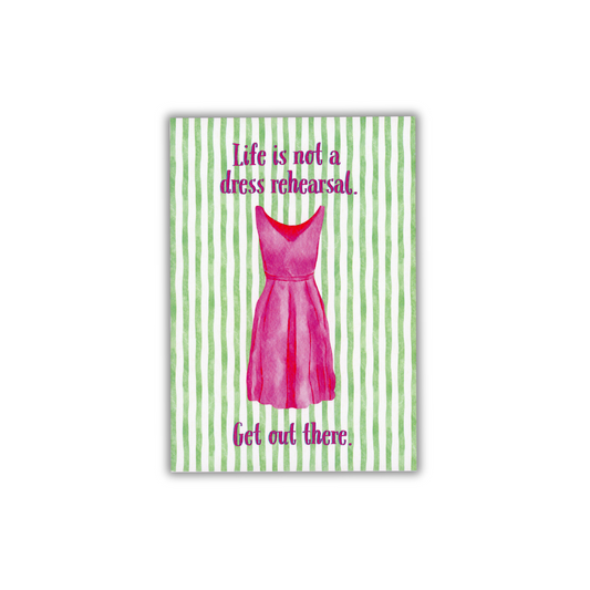 Art print with pink dress illustration and motivational quote on green striped background