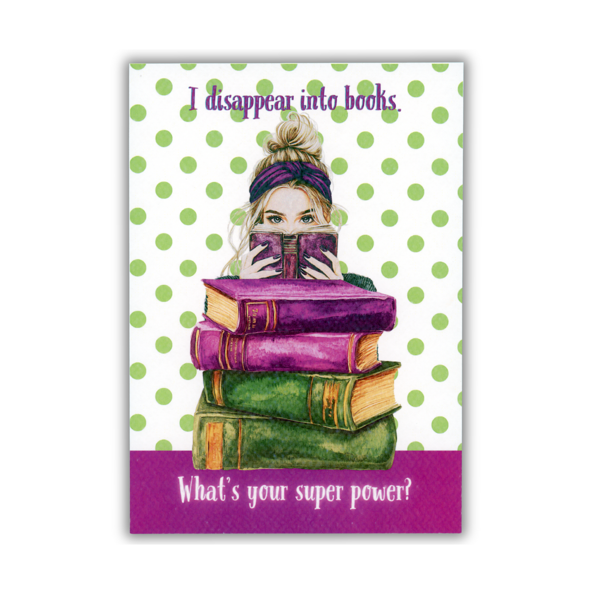 Book cover with a woman reading a book, surrounded by books, on a polka dot background with text.