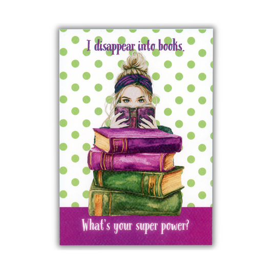 Book cover with a woman reading a book, surrounded by books, on a polka dot background with text.