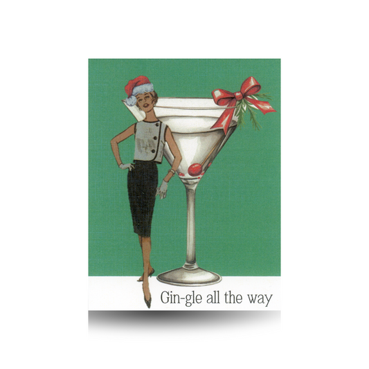 Illustration of a vintage woman in a Christmas hat next to a martini glass with a red ribbon on a green background. The greeting "Gin-gle all the way" appears at the white base of the card