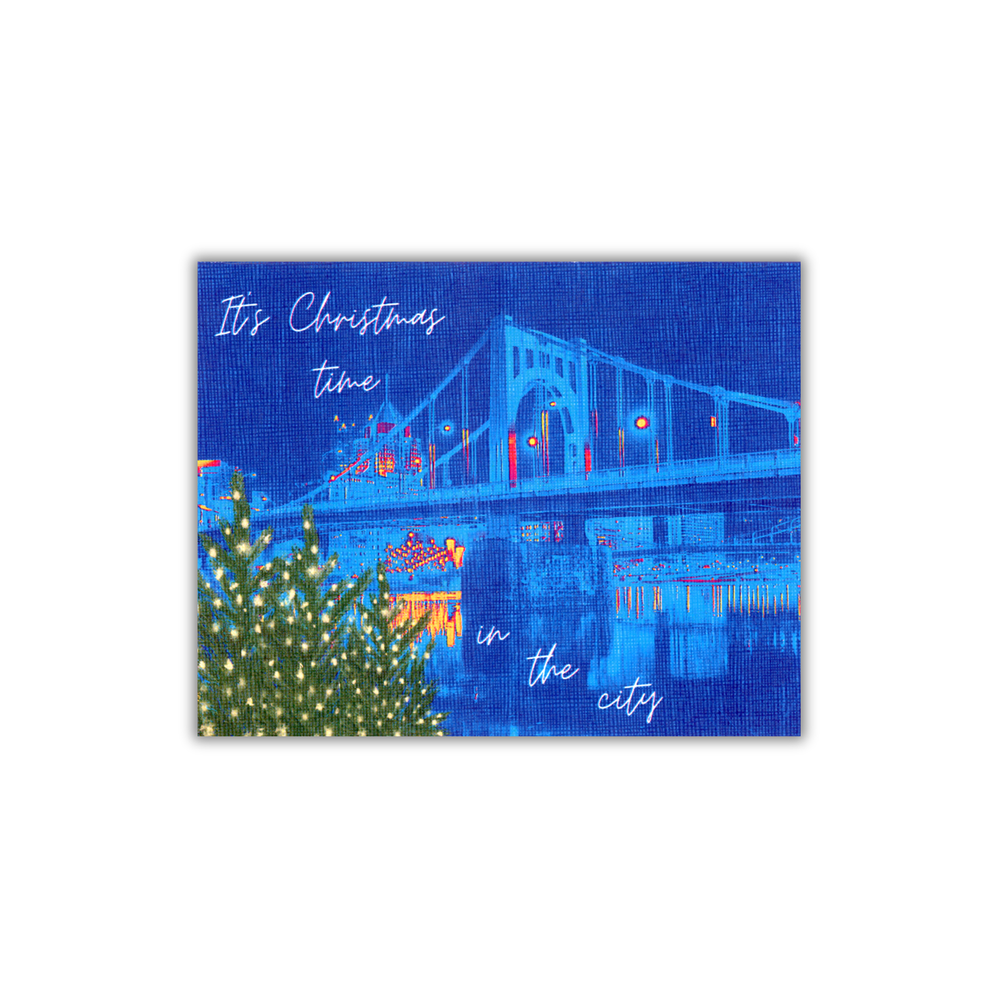 Pittsburgh Christmas-themed card with a cityscape and  river scene