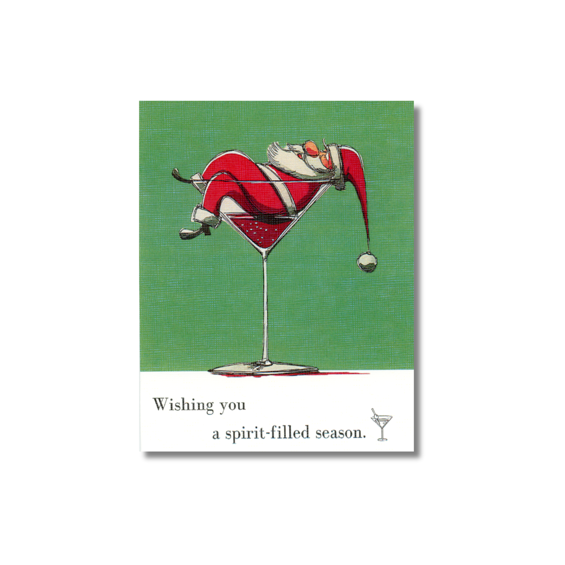 Card with Santa Claus in a martini glass on a green background