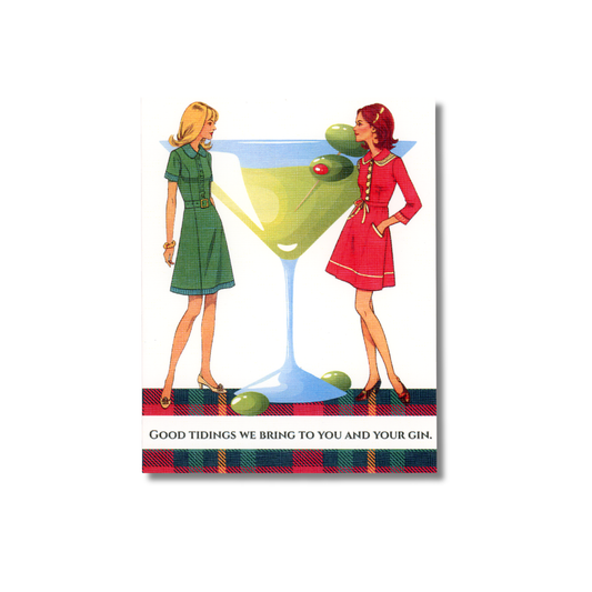 Illustration of two women with a large gin glass, on a white background with greeting "Good tidings we bring to you and your gin."