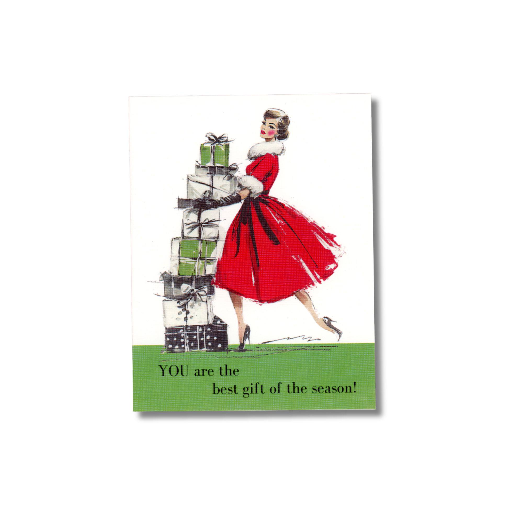 Vintage-style greeting card with a woman in a red dress holding gifts and text 'YOU are the best gift of the season!' on a white background.
