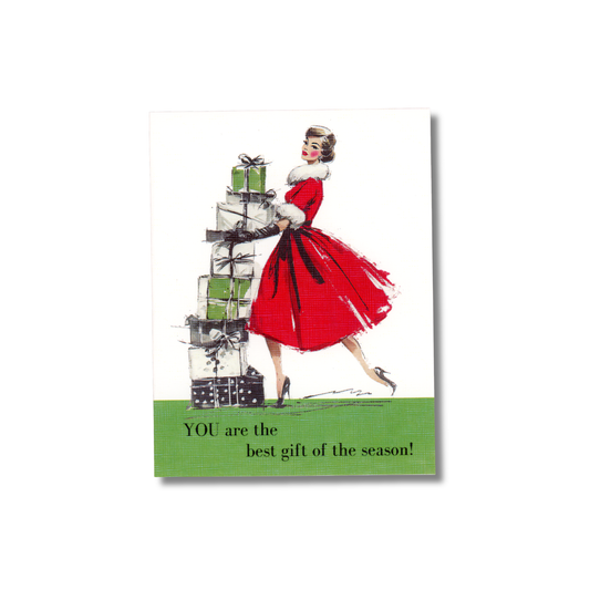 Vintage-style greeting card with a woman in a red dress holding gifts and text 'YOU are the best gift of the season!' on a white background.