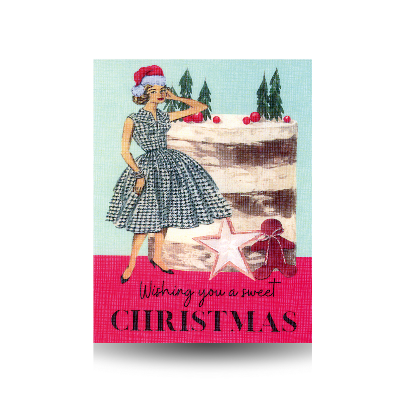 Vintage-style Christmas card with a vintage woman in a black and white checked dress wearing a Santa hat, standing next to a cake, featuring text 'Wishing you a sweet Christmas'.