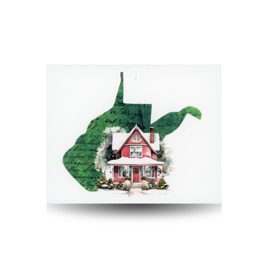 This notecard features the outline of the state of West Virginia in green print, with a red farmhouse covered in snow at its base.  The background is white