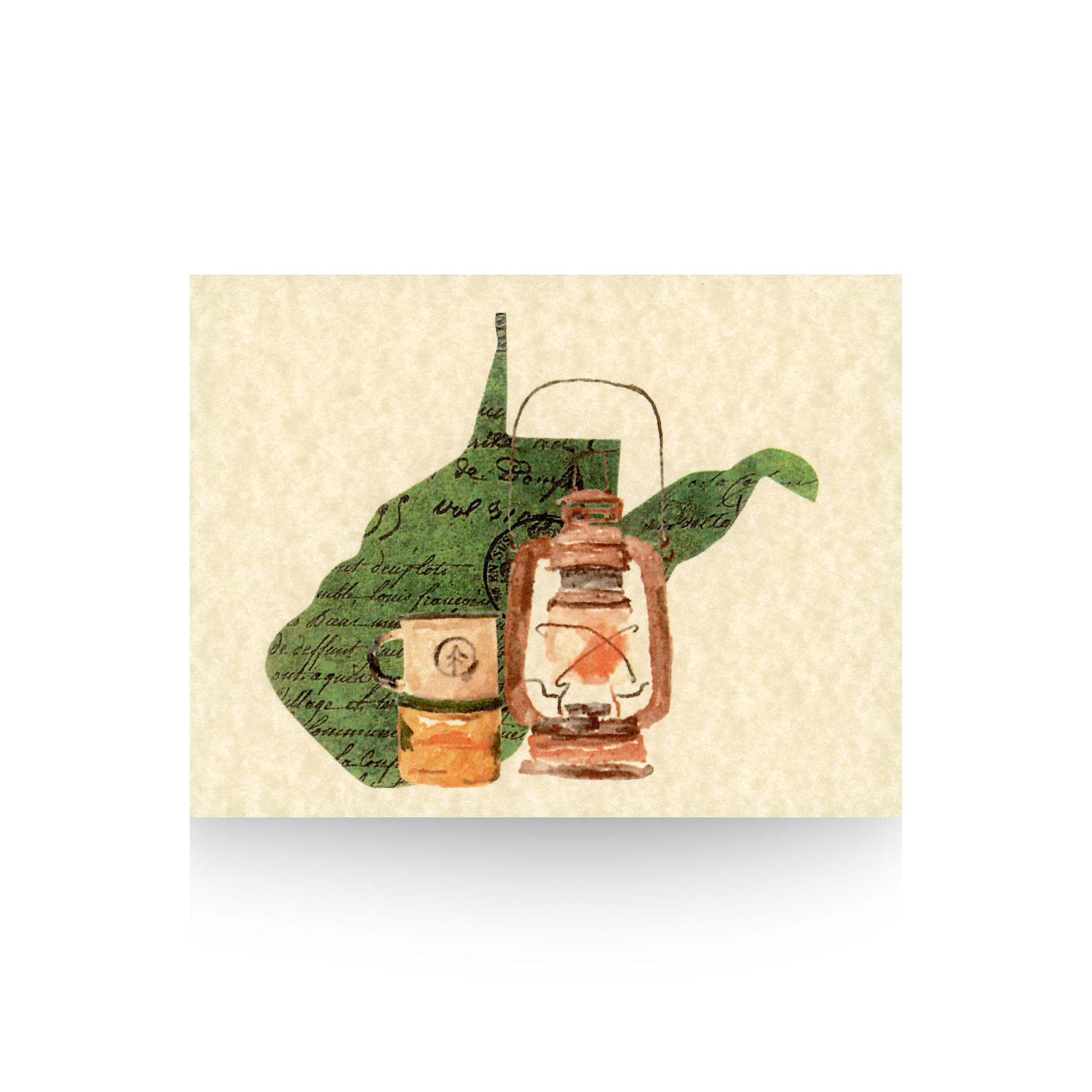 This notecard is on tan parchment paper and features a large green outline of the state of West Virginia with a lantern and stack of camp cups in front of the state outline
