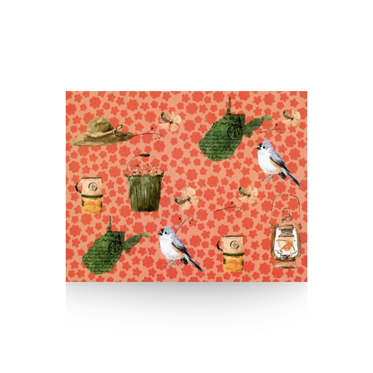 This notecard is on an orange print background and features small images of outdoor items such as a bird, camp cups, flowers, lantern and green outlines of the state of West Virginia that cover the whole notecard