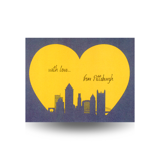 Card with yellow heart and silhouette of Pittsburgh skyline on a dark gray background