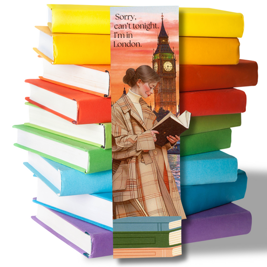 Photo features a stack of bright-colored books with a bookmark in front.  There is young woman in a plaid coat reading a book with Big Ben and London behind her.  The message is "Sorry, can't tonight.  I'm in London."