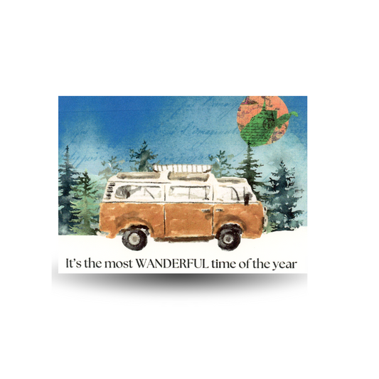 Illustration of a vintage van  on a scenic winter background and text 'It's the most WANDERFUL time of the year'.